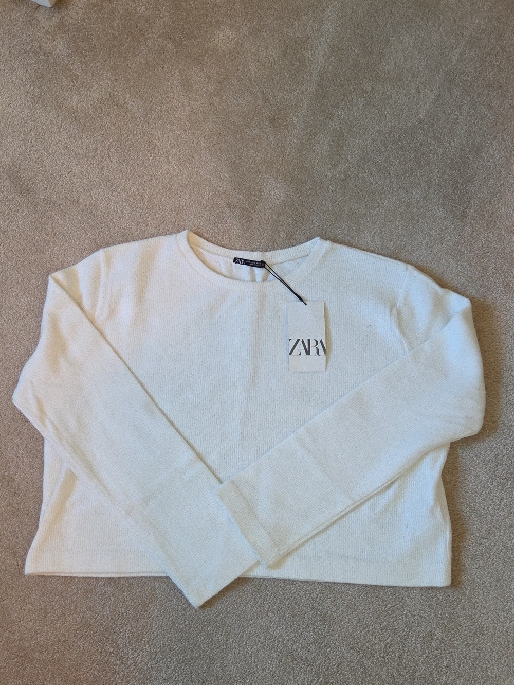 ZARA Cream Crewneck Ribbed Knit Sweater NWT